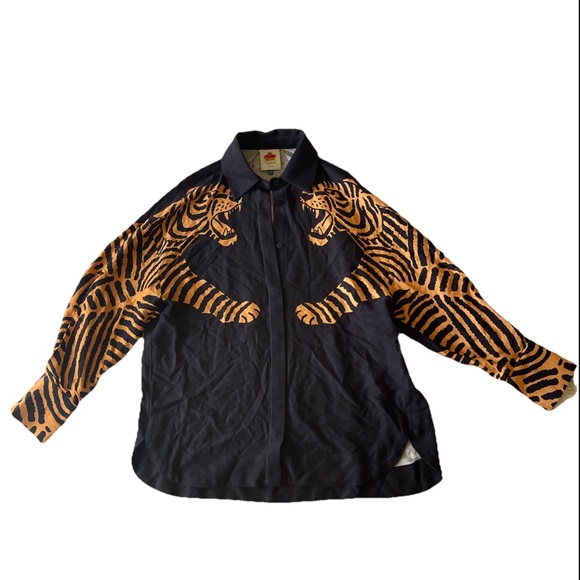 Farm Rio Tiger Button Up Shirt Black Long Sleeve Dress Shirt Size Small - Picture 5 of 11
